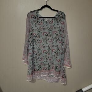 One World Top Womens Large Floral Sheer Sleeves Pom‎ Pom Trim Lightweight